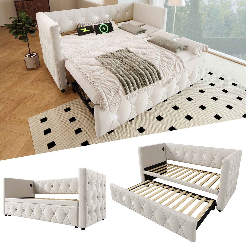 Daybed Single Upholstered Bed with USB & Type C Charging, 3FT Velvet Sofa Bed with Pull-Out Trundle, Beige, 90x190cm, Space-Saving for Living Room & Bedroom