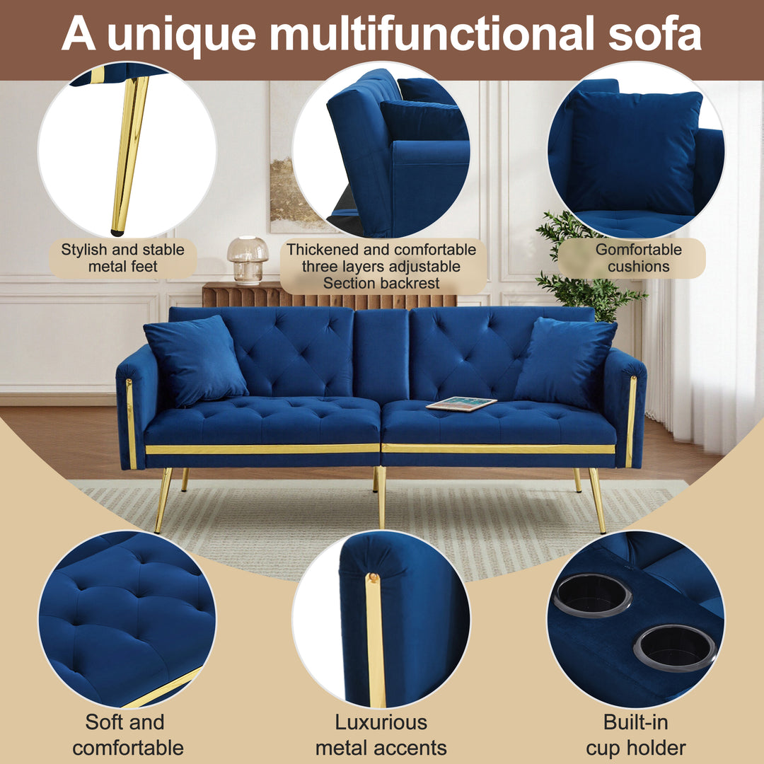 Blue velvet tufted 2-seater sofa bed with gold legs hidden fold-down cup holder FUMAROLEVENT