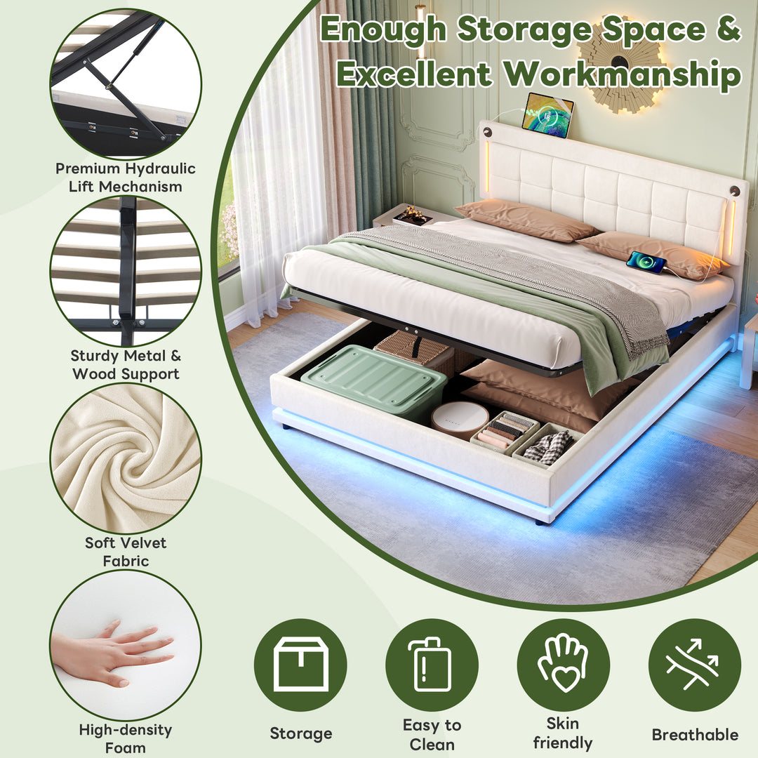 Beige velvet king ottoman end opening bed with LED lighting and charging station (150*200cm) DUSKHAVEN