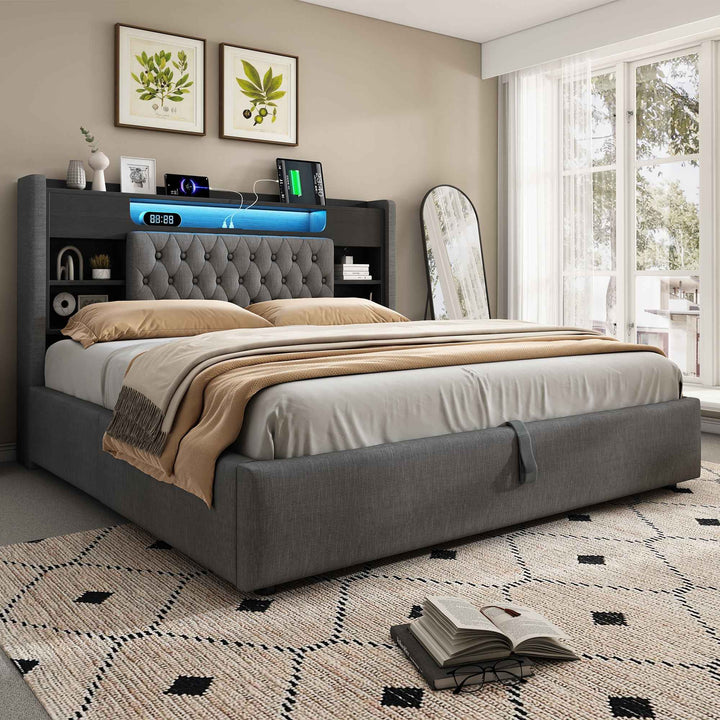 00+Super King Bed Frame 180x200cm with Hydraulic Storage, LED Headboard, Grey, No Mattress COMPACTWARDROBE