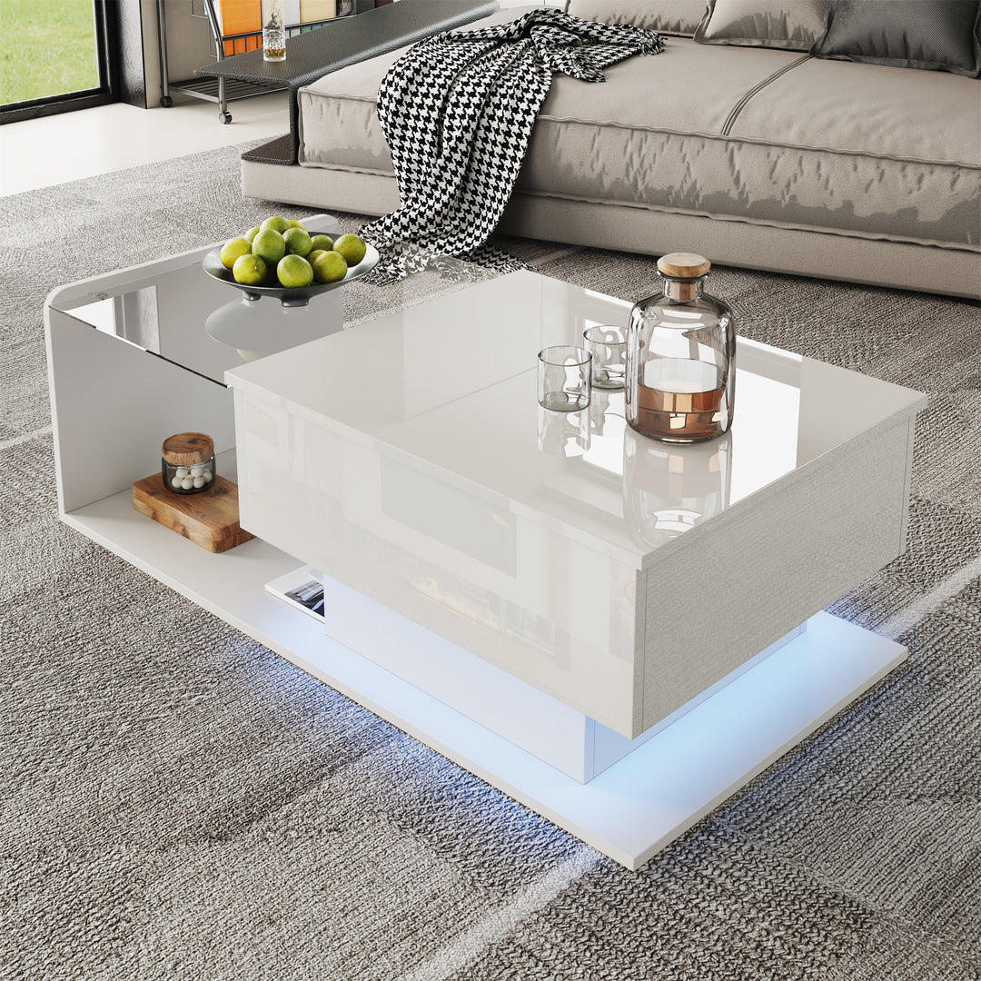 White high-gloss rectangular coffee table and LED lighting with glass top LUNG