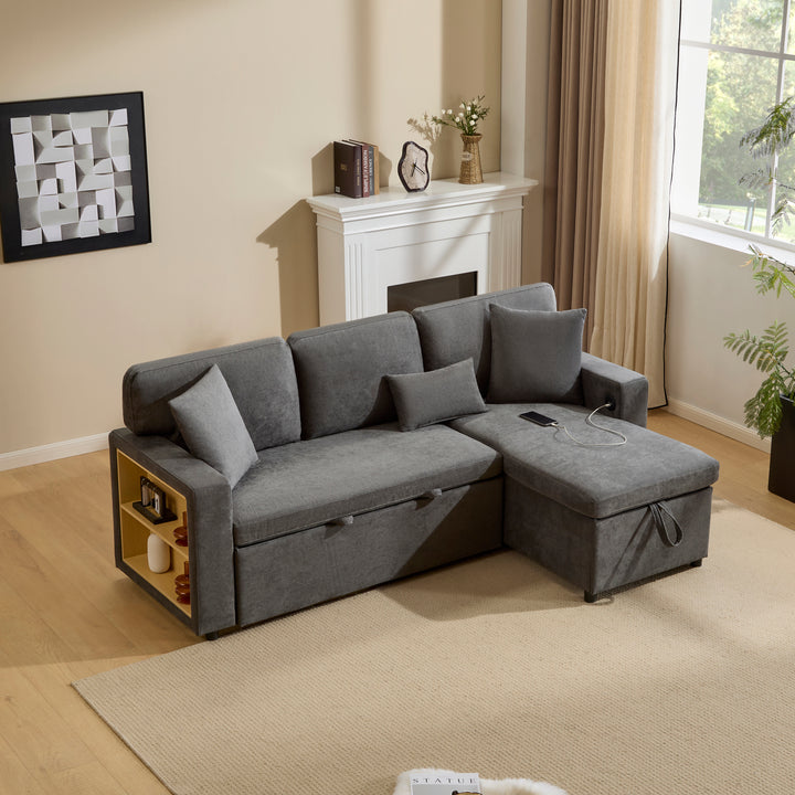 Grey L-shaped corner sofa bed, side shelf with integrated USB and storage VOLATILGAS
