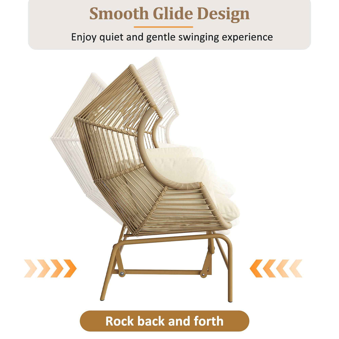 Garden rocking chair 2-seat PE Rattan beige swing with cushions FLAREINFINIX