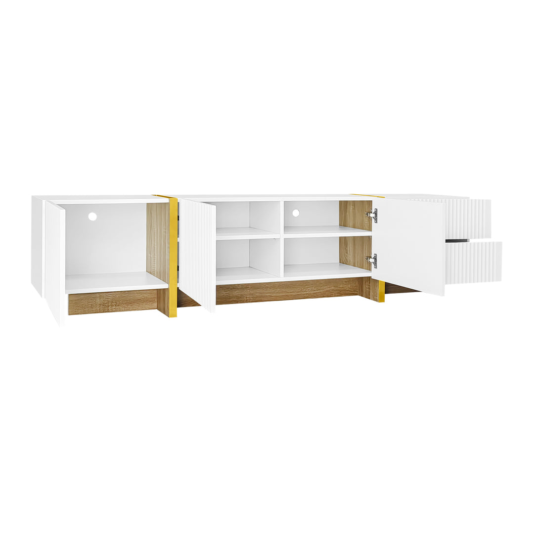 White fluted TV cabinet 3 doors, 2 drawers 190cm gloden accent CONNECTIV