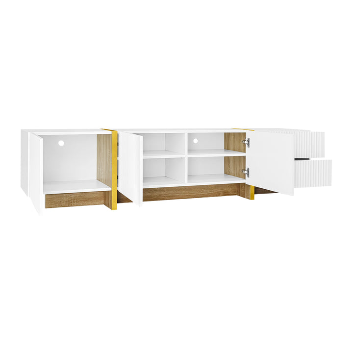 White fluted TV cabinet 3 doors, 2 drawers 190cm gloden accent CONNECTIV