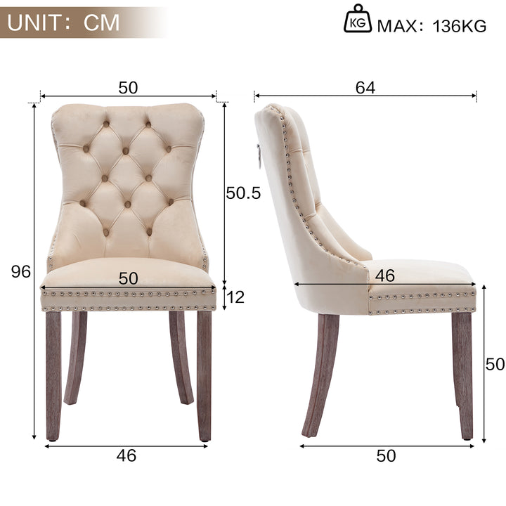 Set of 4 dining chairs velvet beige tufted with solid wood legs, nailheads and back chrome ring ELYSIUMAL