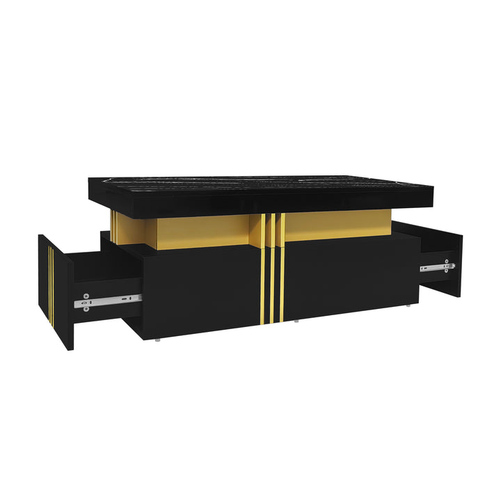 Modern black coffee table with marble-pattern top golden accents LEDGER