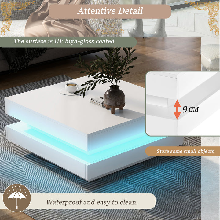 White square high gloss coffee table 360° rotating with 16-color LED light 70x70x36cm UHEX UK