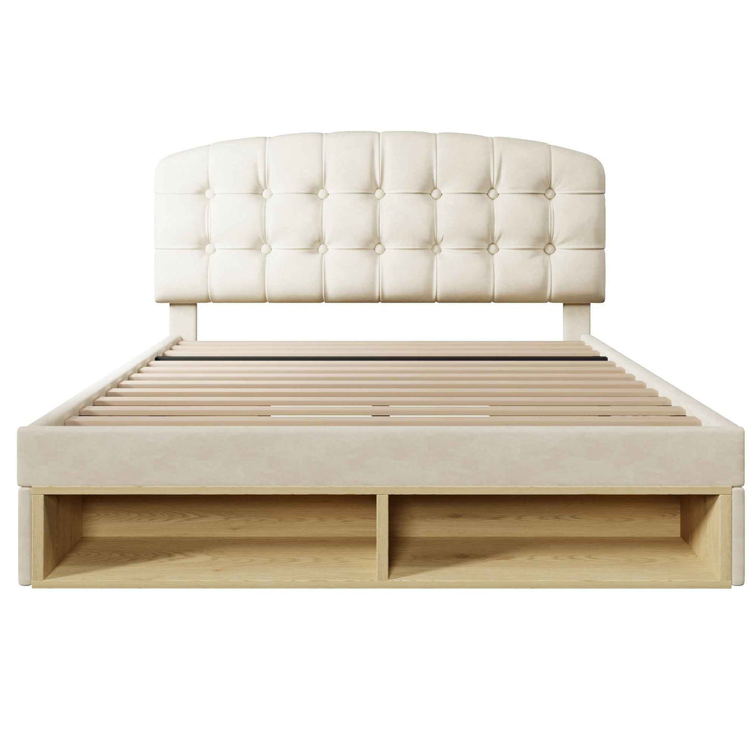 Double Bed Frame with Storage Drawers Velvet Upholstered, 135x190cm, Beige, No Mattress BEDRESIN
