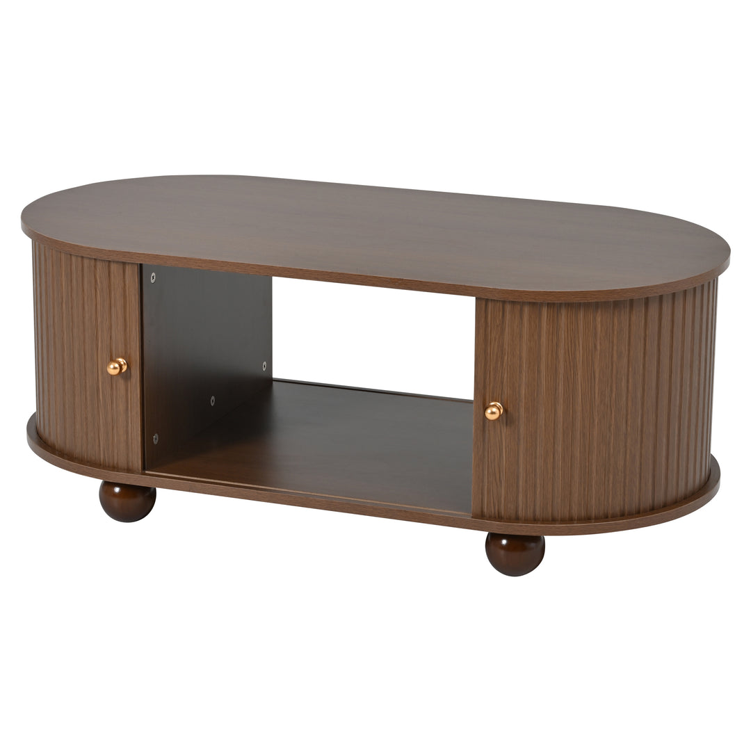 Retro wooden look oval coffee table with 2 sliding storage doors CUNEIFORMWEDGE