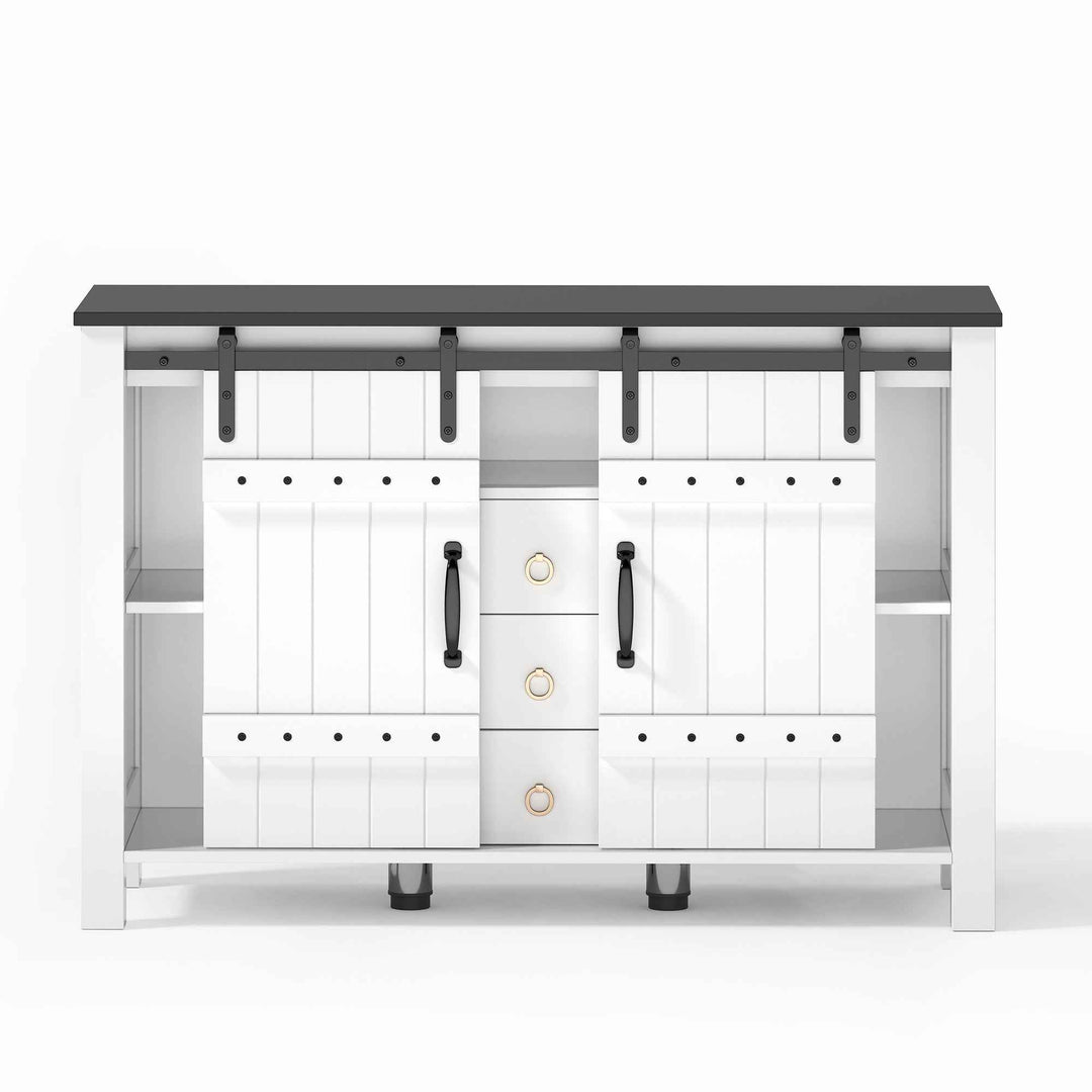 00+Sideboard Cabinet 120cm White with Sliding Doors & 3 Drawers, Rustic Storage Buffet for Kitchen VERTEXLYNX