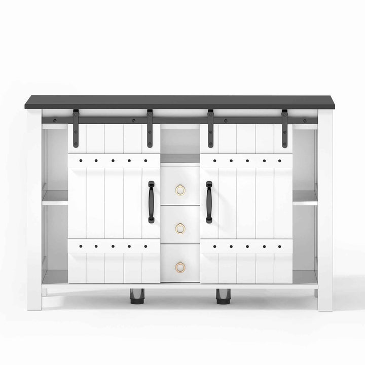 00+Sideboard Cabinet 120cm White with Sliding Doors & 3 Drawers, Rustic Storage Buffet for Kitchen VERTEXLYNX