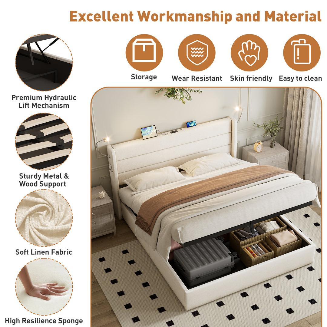 Beige linen upholstered king size divan bed with storage, lampe and charging station 150x200cm GRANULE UK