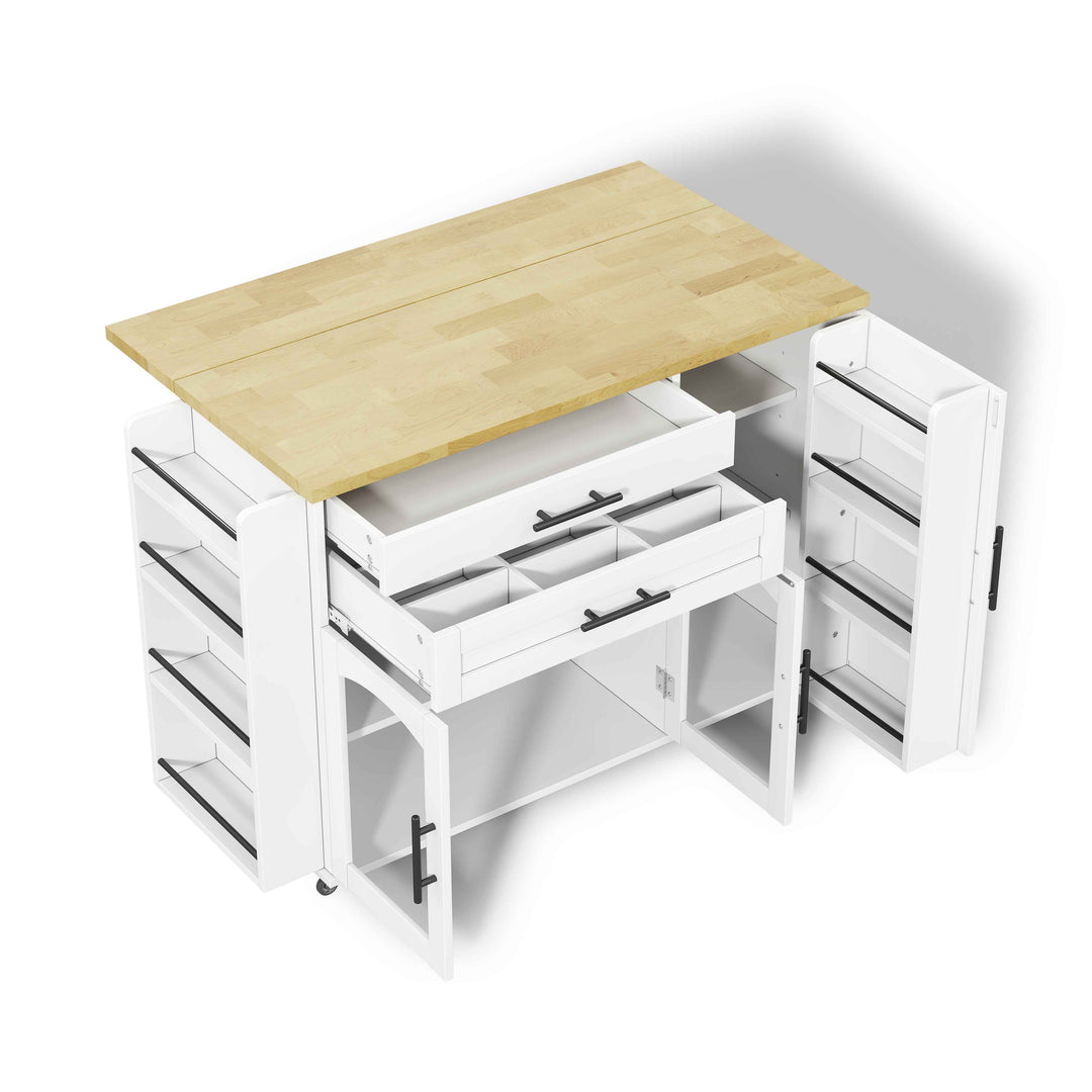 00+Mobile Kitchen Island Trolley White Foldable Worktop, 5 Wheels, Glass Doors, Storage Racks, Cutlery Drawer NOVAOR