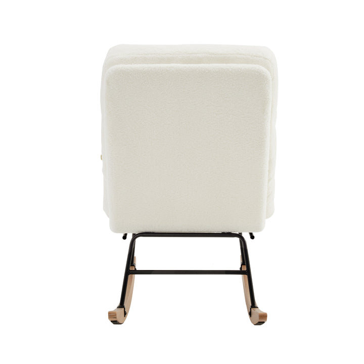 White boucle fabric nursery rocking chair with glider footrest PATINA UK