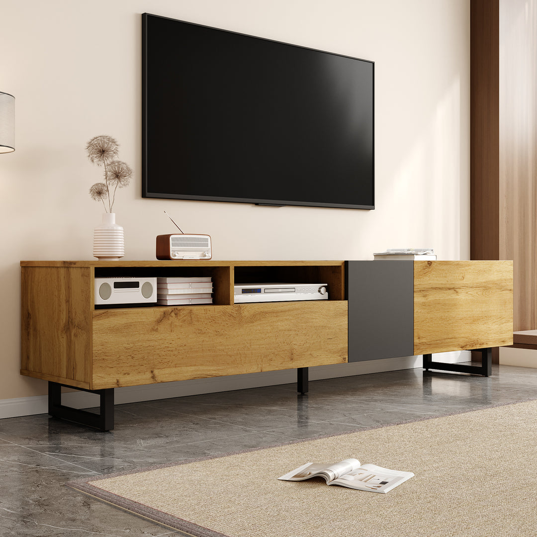 Colorblock TV cabinet retro wood grain compartments, U-shaped metal legs RESPIRATO