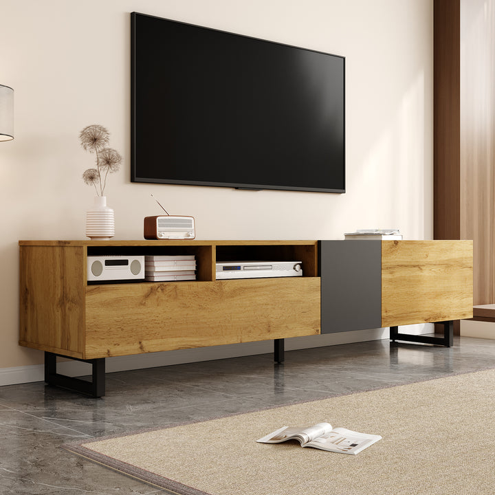 Colorblock TV cabinet retro wood grain compartments, U-shaped metal legs RESPIRATO