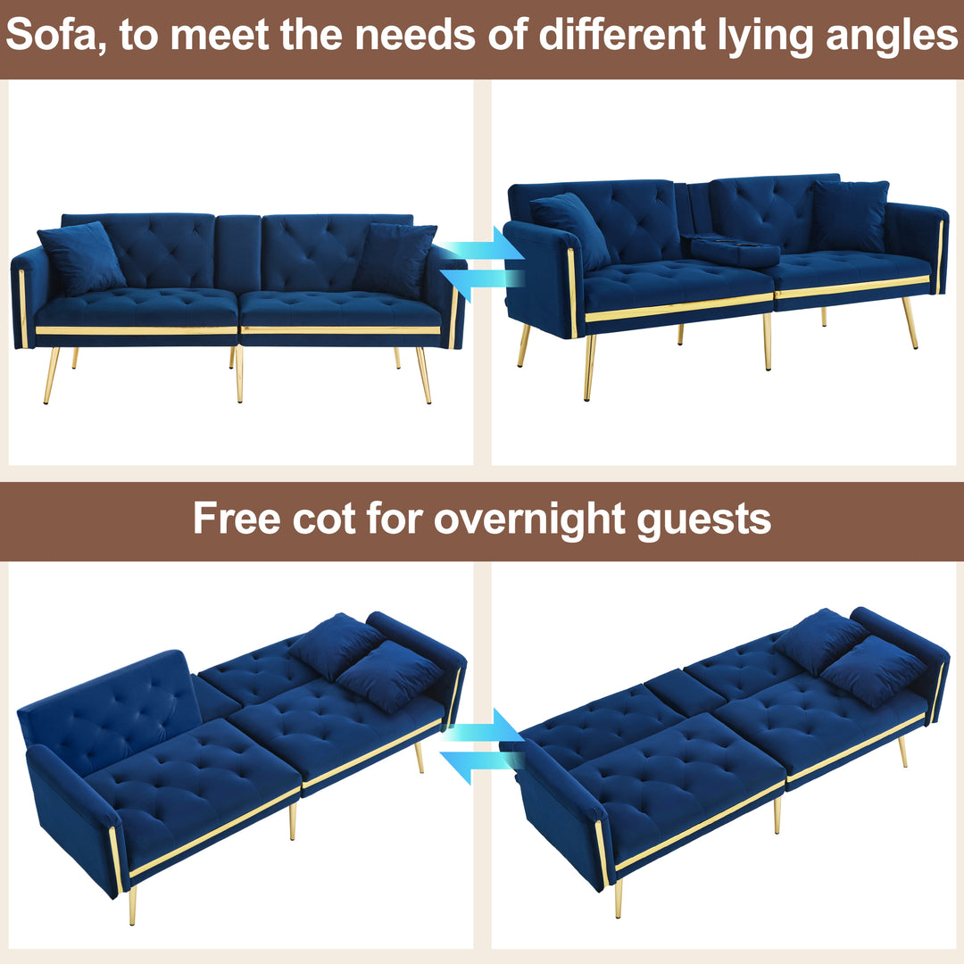 Blue velvet tufted 2-seater sofa bed with gold legs hidden fold-down cup holder FUMAROLEVENT