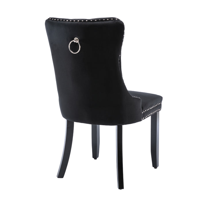 Set of 4 dining chairs velvet black tufted with solid wood legs, nailheads and back chrome ring BREEZEOLOGY