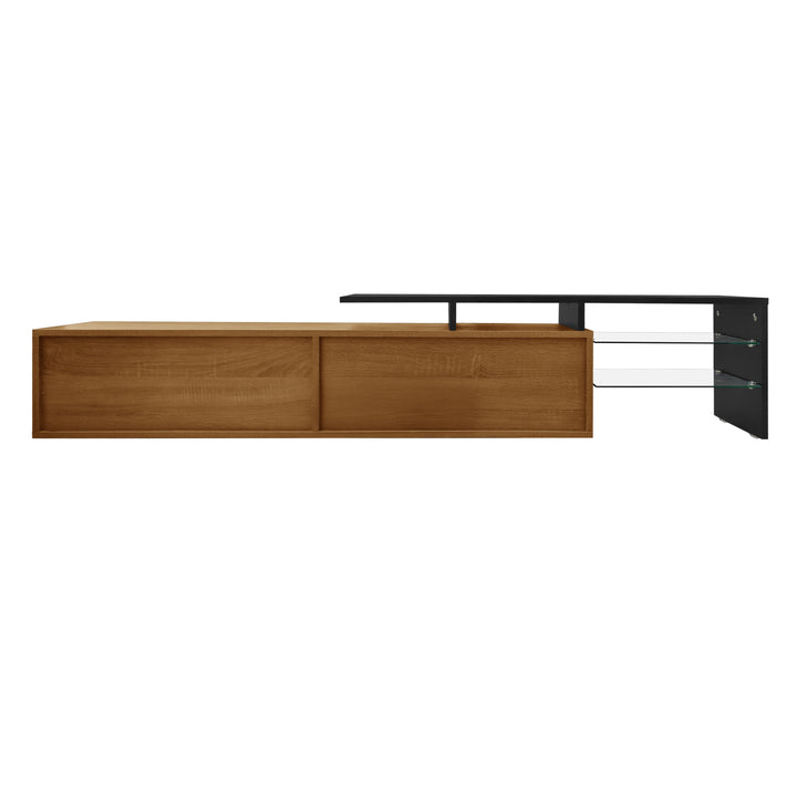Black wooden finish TV cabinet with glass shelves and LED lighting KNEEJOINT