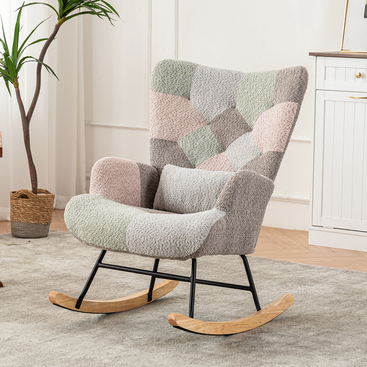 Patchwork rocking chair with footstool, bouclé fabric accent chair with wooden legs and cushion RECTRIX