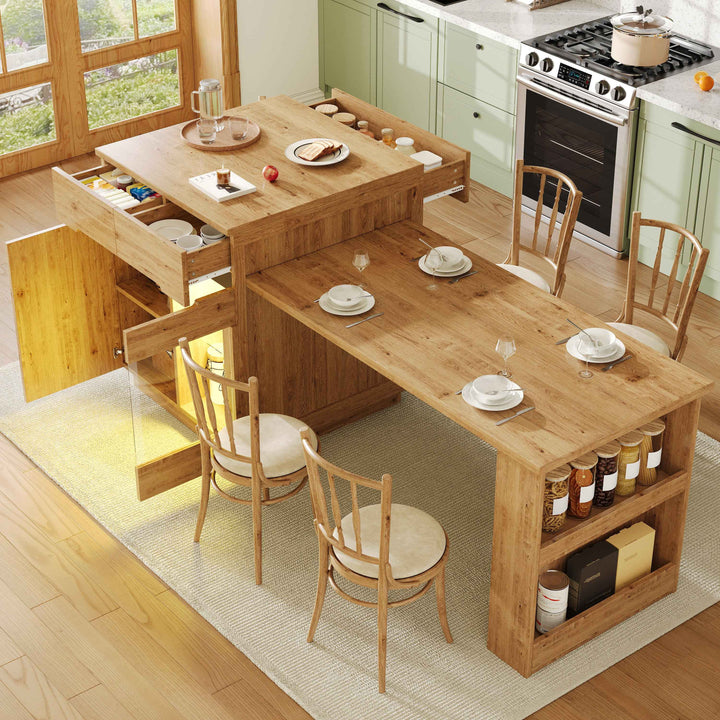 Kitchen island with extendable table, oak effect, LED glass door, 2 drawers INFINITECASC