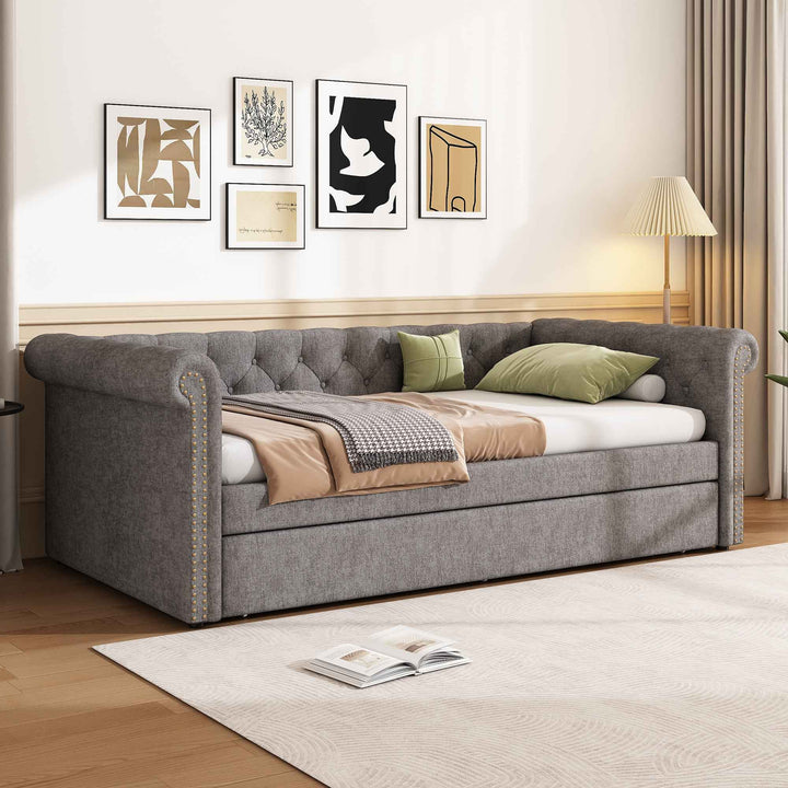 00+Single Upholstered Bed 90x190cm Velvet Grey Daybed Sofa Bed,  Space Saving for Adults & Teenagers CONCRETECONTAINER