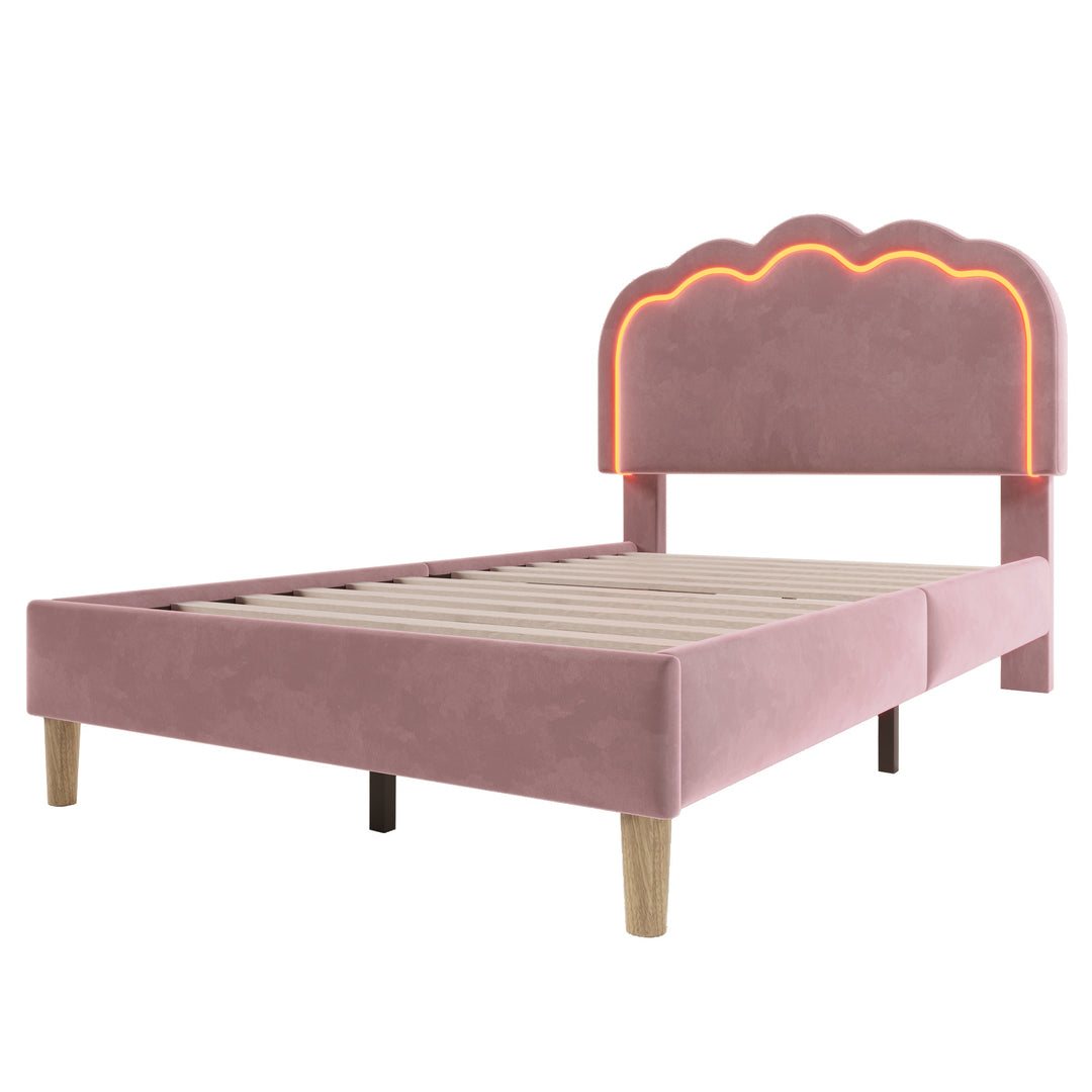 Pink velvet upholstered divan bed frame with LED, headboard height adjustable INDROX PINK UK