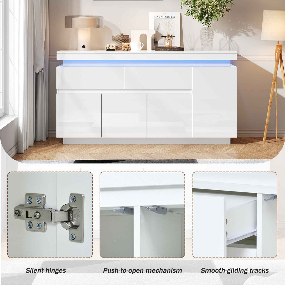 White High Gloss Sideboard 140x35x72.5cm with RGB LED, 4 Doors 2 Drawers, App Control, Modern Storage Cabinet for Living Room, Bedroom, Dining Room
