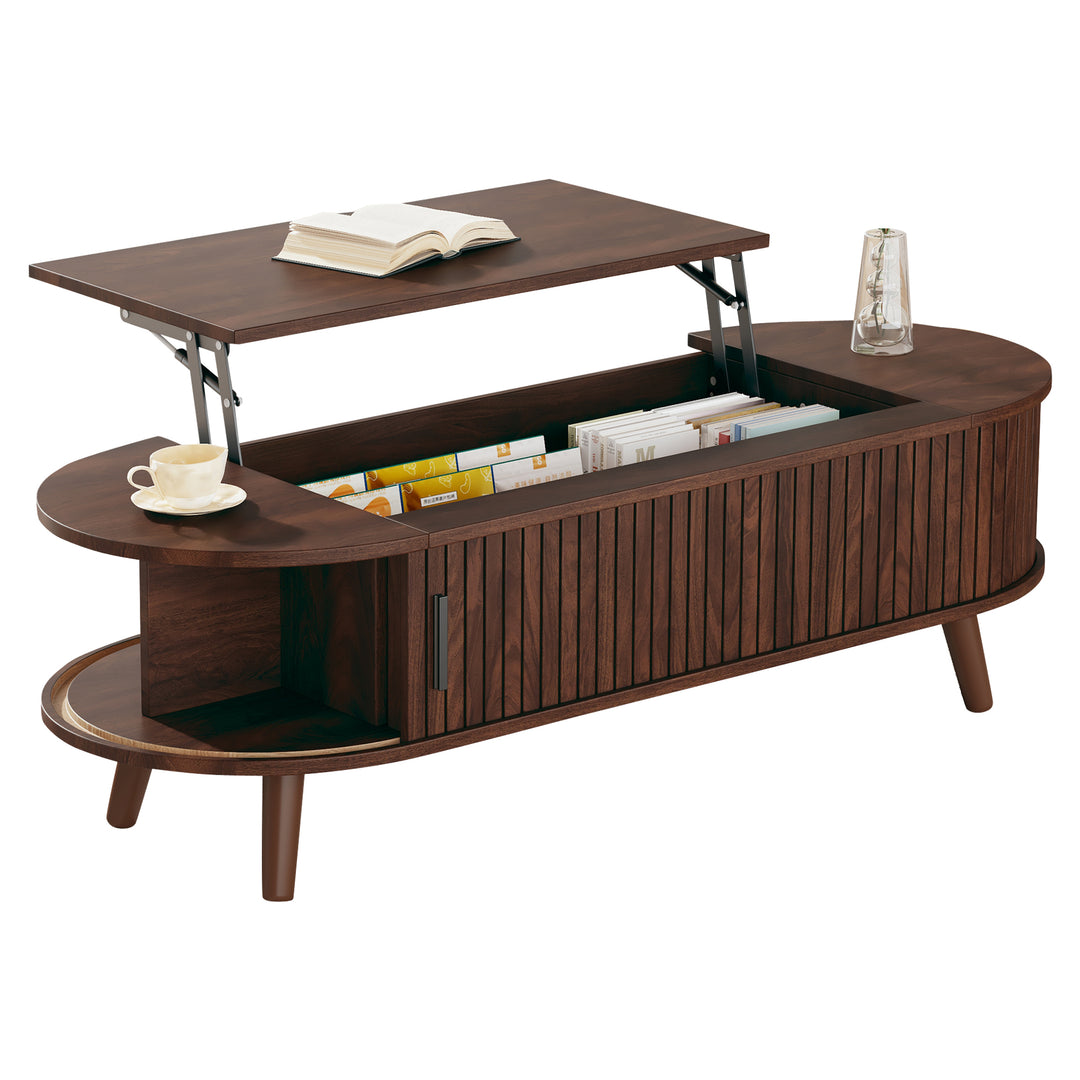 Lift Top Dark Wood Oval Coffee Table with Hidden Storage 120x50cm VASEEDGE