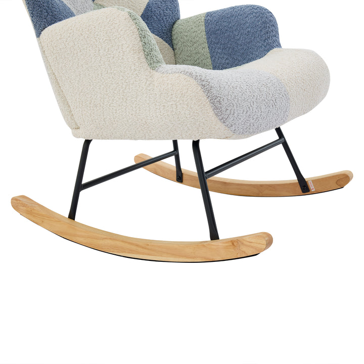 Fabric white blue patchwork rocking chair with solid wood legs and footstool MORASSSLOP