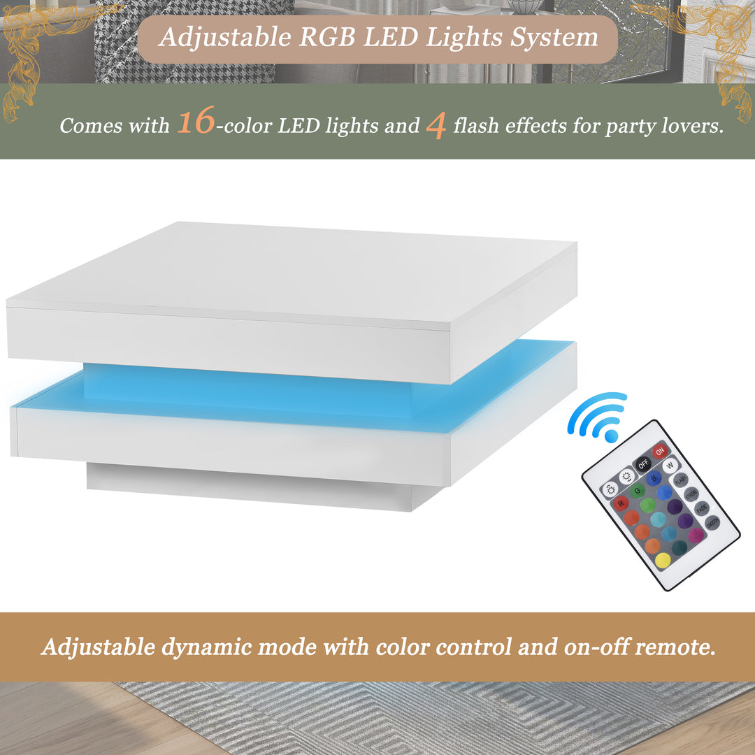 White square high gloss coffee table 360° rotating with 16-color LED light 70x70x36cm UHEX UK