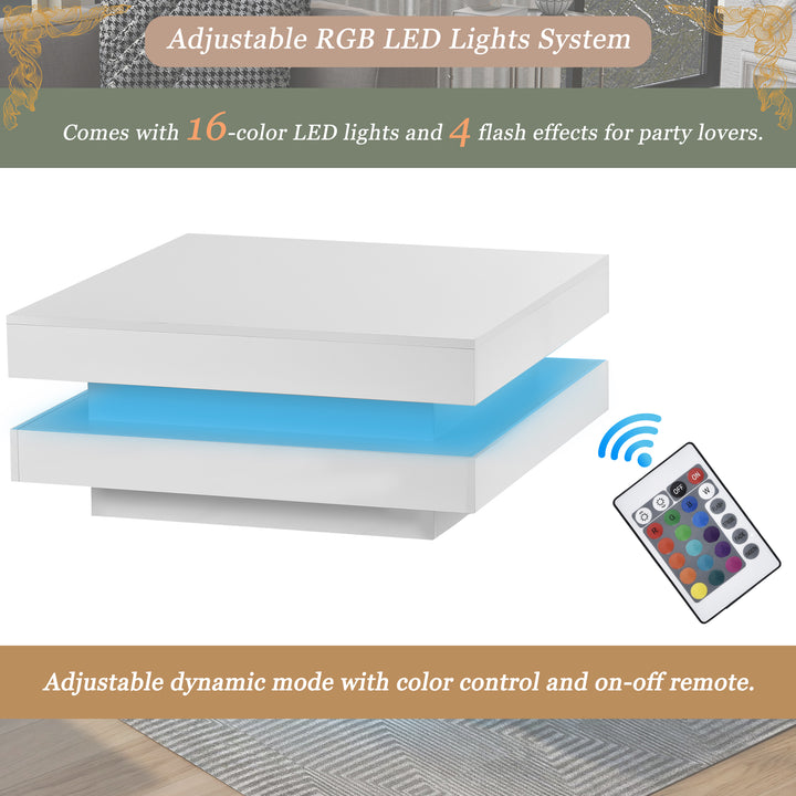 White square high gloss coffee table 360° rotating with 16-color LED light 70x70x36cm UHEX UK