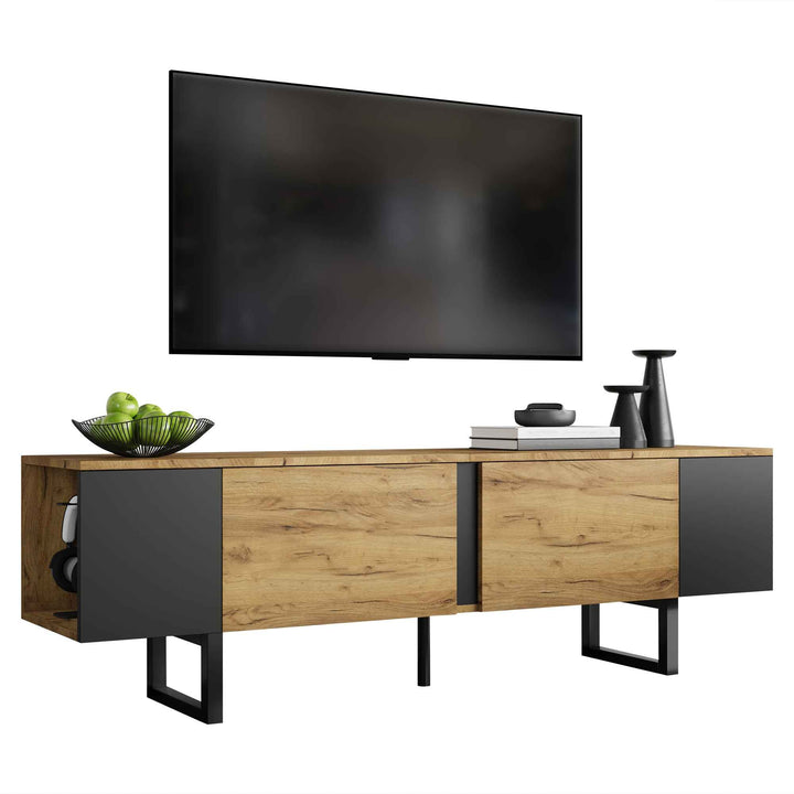 Natural wood & black TV stand up to 2 doors & 2 side cabinets INFINITEMERI