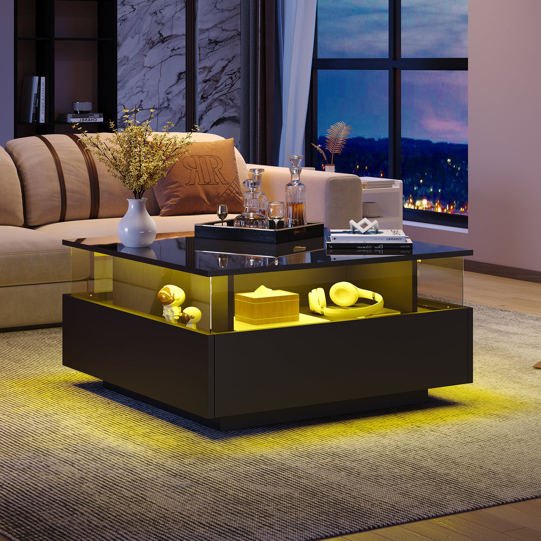 Modern LED light high gloss black square coffee table with 2 drawers THERAPY