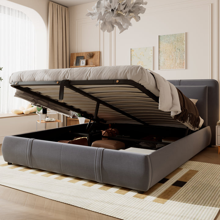 Upholstered velvet grey, hydraulic ottoman double bed with storage function 135×190cm KELPFROND