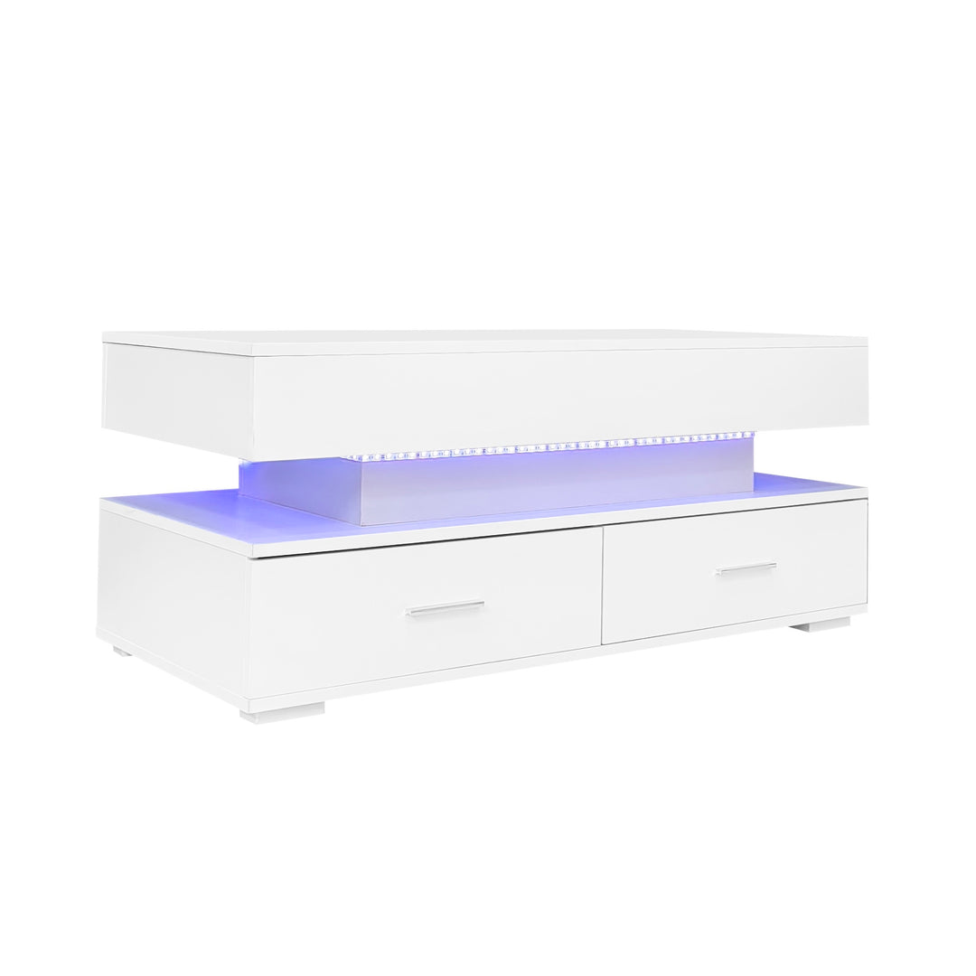 White lift-top coffee table with LED lighting and 2 drawers 100×50×44cm CYBERSPACE
