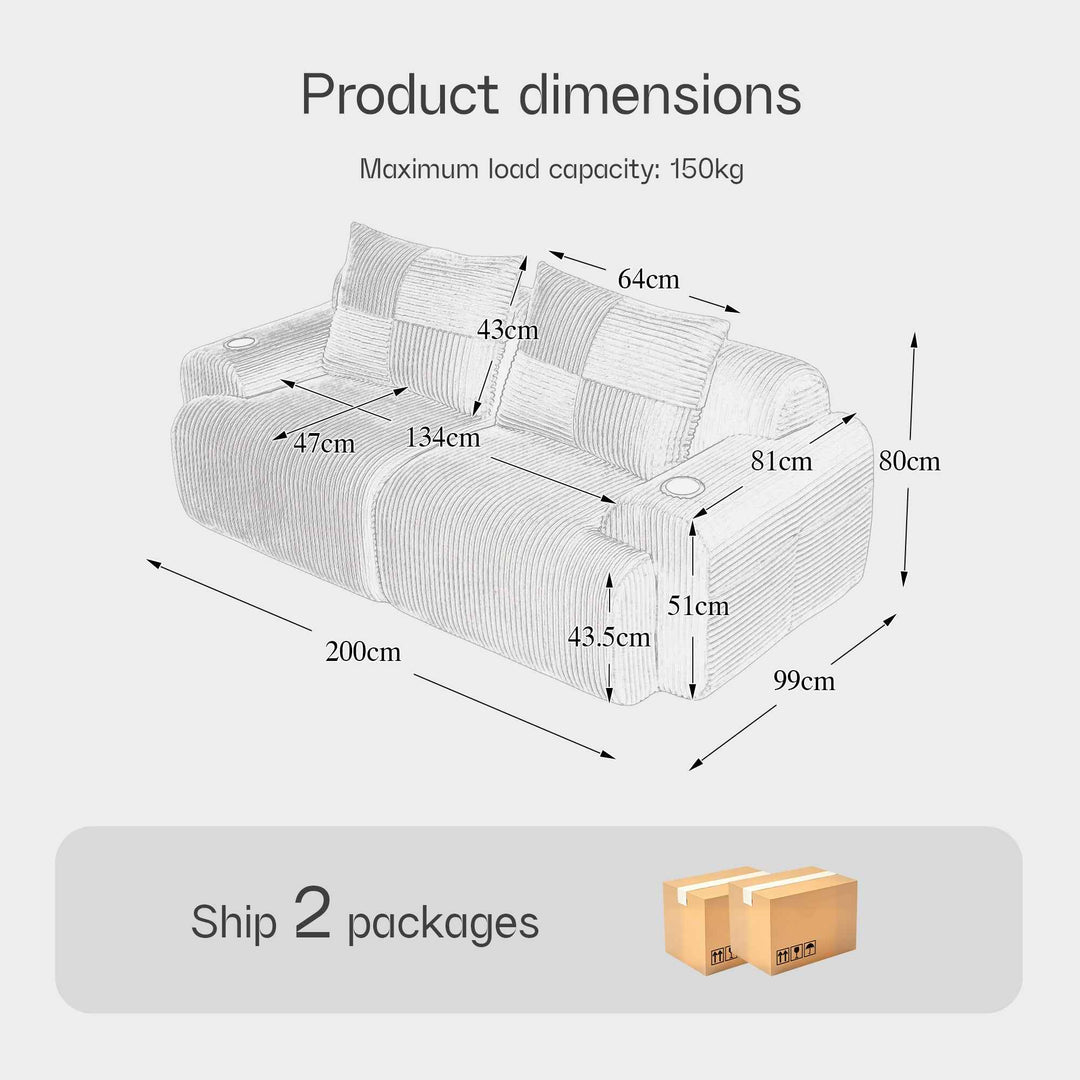 Modular 2-Seater Corduroy Sofa Light Grey, High-Density Foam, Cup Holder & Storage, Vacuum-Packed, Modern for Living Room