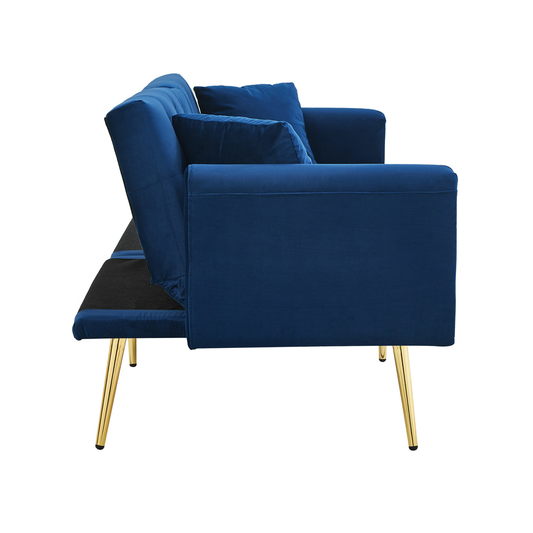 Blue velvet tufted 2-seater sofa bed with gold legs hidden fold-down cup holder FUMAROLEVENT