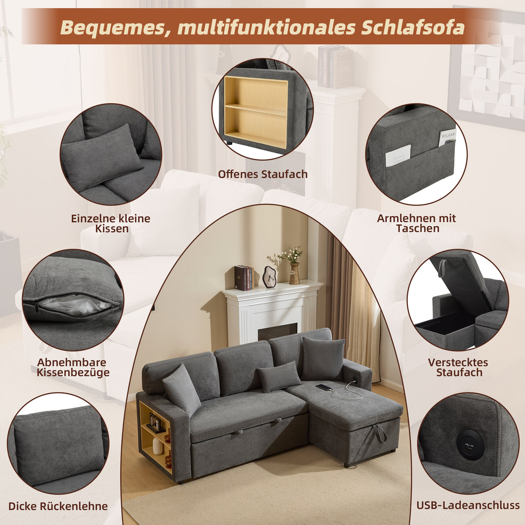 Grey L-shaped corner sofa bed, side shelf with integrated USB and storage VOLATILGAS
