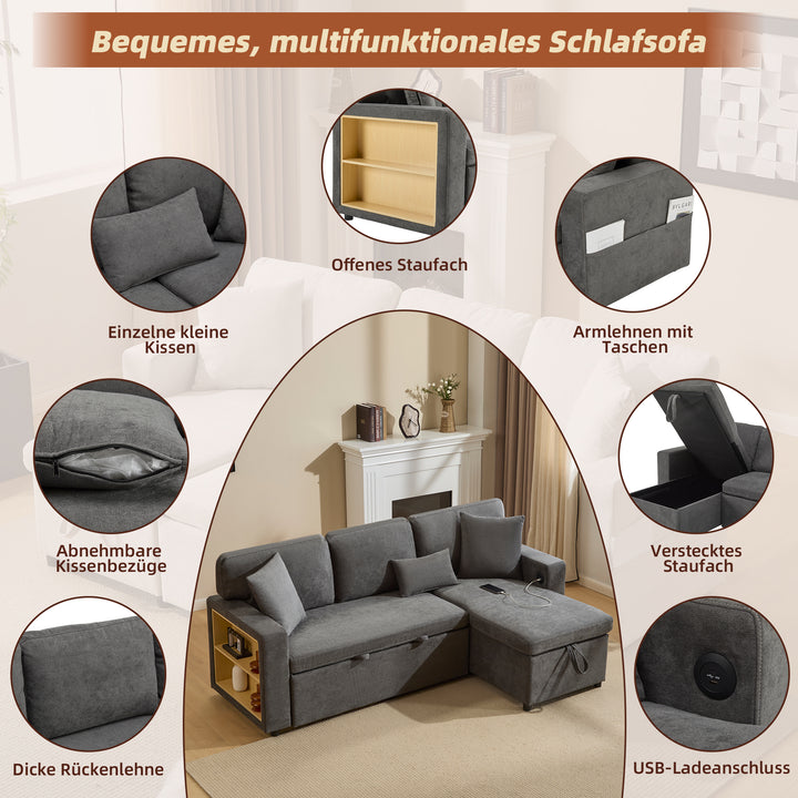 Grey L-shaped corner sofa bed, side shelf with integrated USB and storage VOLATILGAS