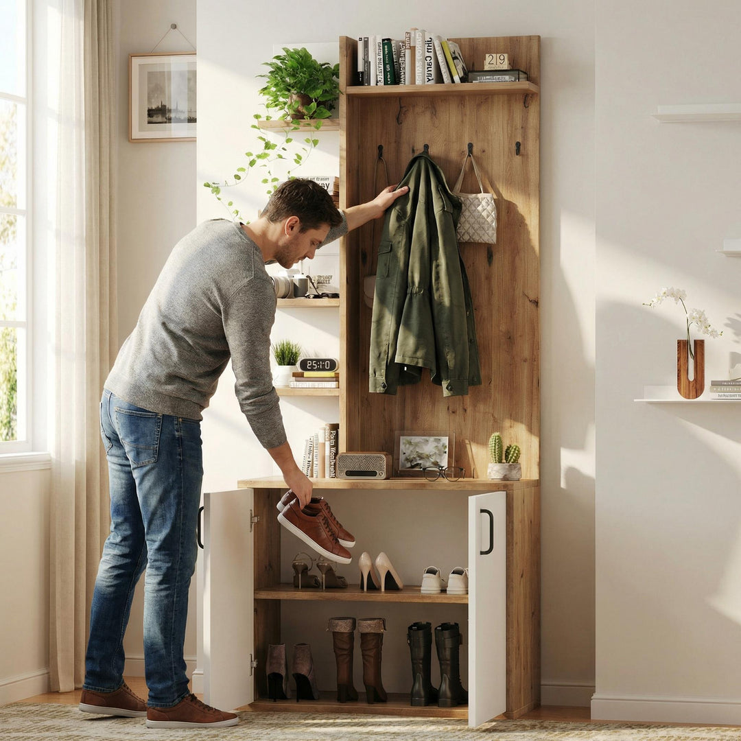 Wooden entryway wardrobes with coat hooks and shoe storage shelves ELYSIUMIS