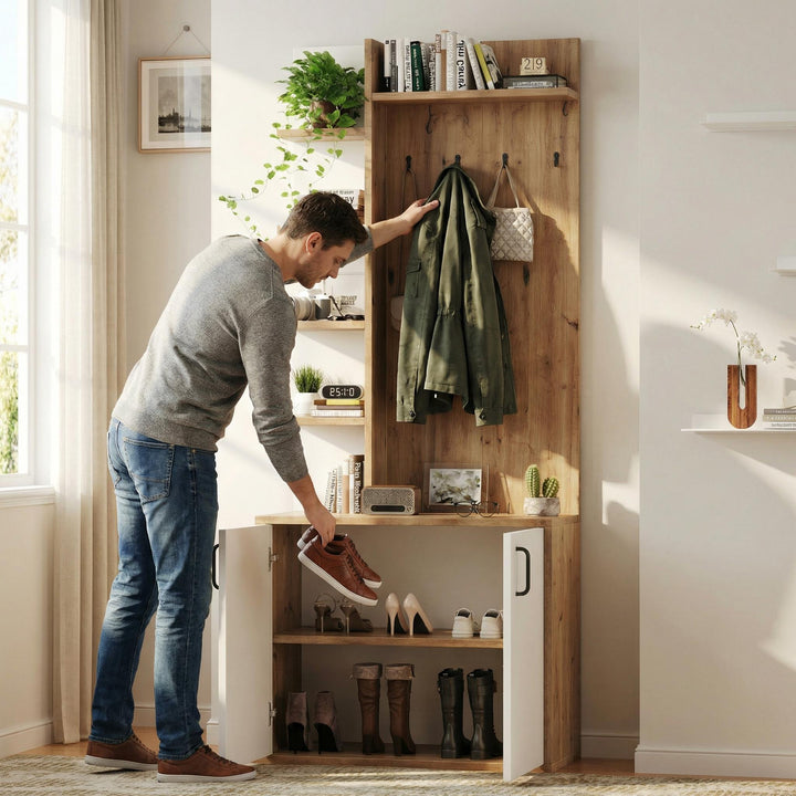 Wooden entryway wardrobes with coat hooks and shoe storage shelves ELYSIUMIS
