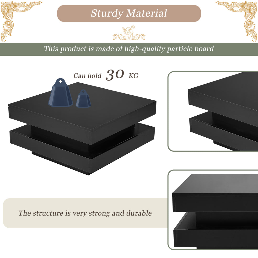 Black high gloss square coffee table with 360° rotating top LED lighting KERATINSCALE