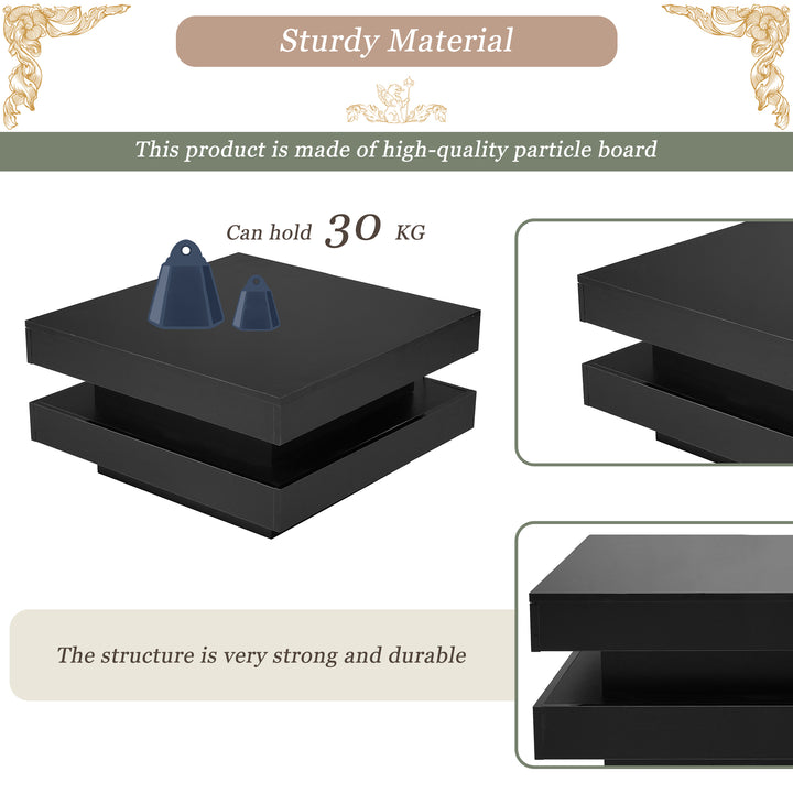 Black high gloss square coffee table with 360° rotating top LED lighting KERATINSCALE