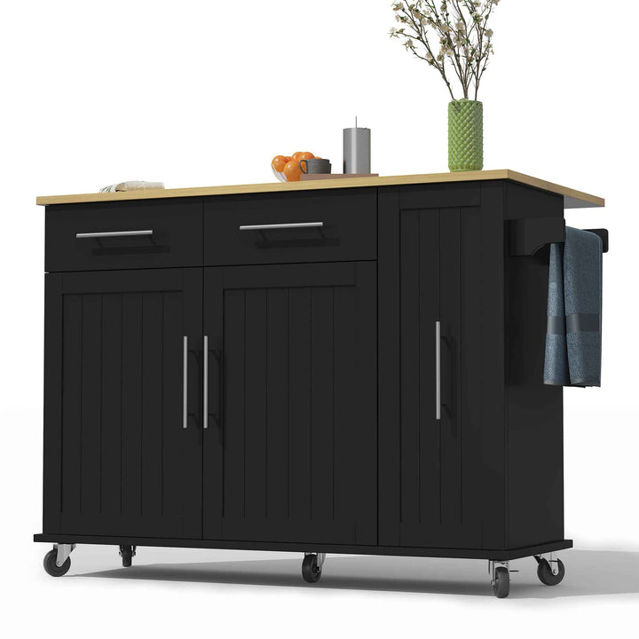 Kitchen Island with Drop Leaf, Black MDF, 120x40x90cm, 3-Tier Pull-Out Storage, Rolling Cart with Drawers & Towel Holder for Dining Room