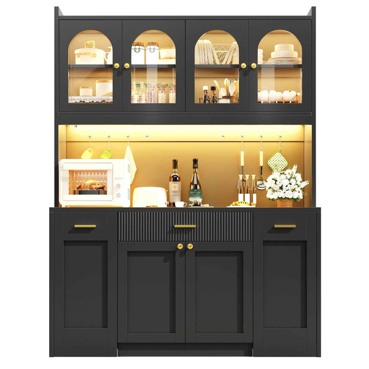 Black tall kitchen hutche cabinet with RGB LED, glass display, drawers & removable shelves 120cm RACKWALNUT