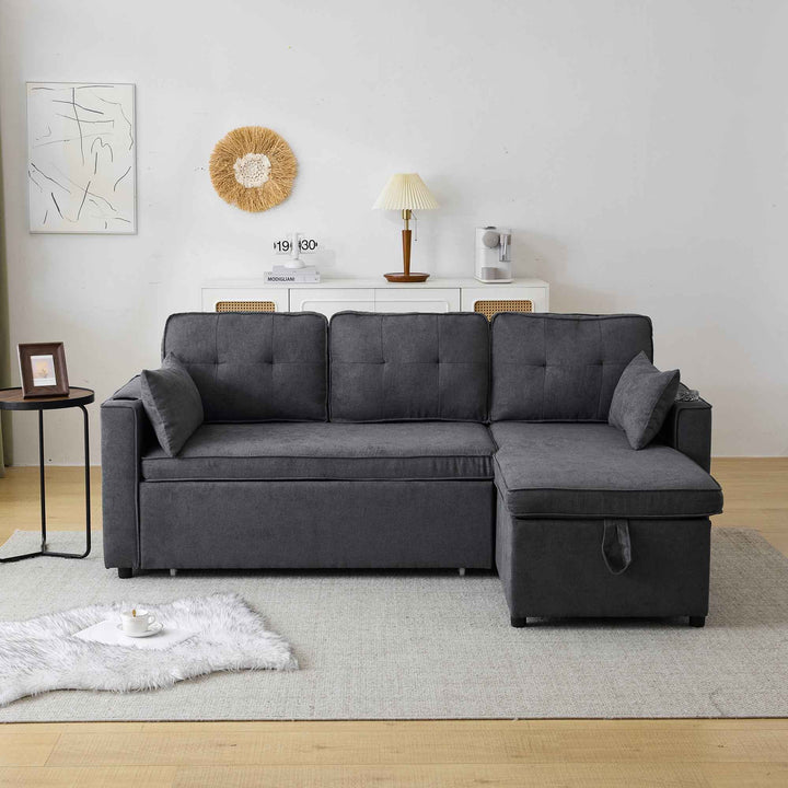 00+缺图 Sofa Bed 3-Seater Grey Cotton Linen L-Shaped Sectional with Reversible Storage Chaise VASEMARBLE