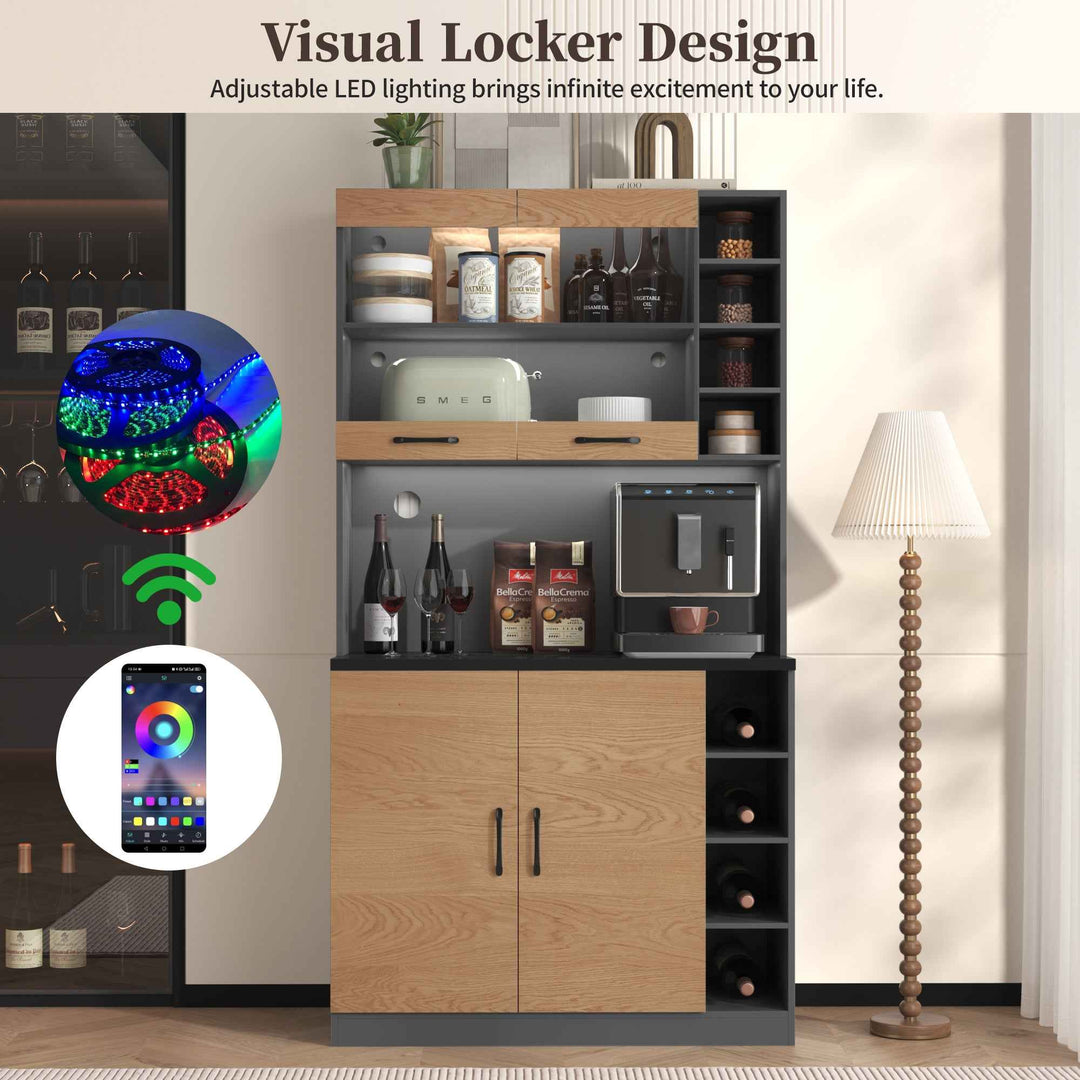 00+Kitchen Tall Cabinet with LED Lighting, Adjustable Shelves, Large Pantry Storage for Microwave VERTEXMORN