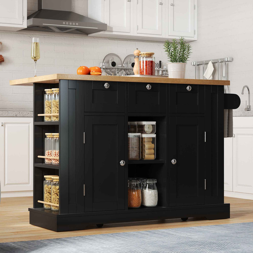 00+Kitchen Island on Wheels 132cm, Foldable Drop Leaf, MDF, Natural+Black, 3 Drawers, Spice Rack, Towel Holder, Charging Station VERTEXKORR